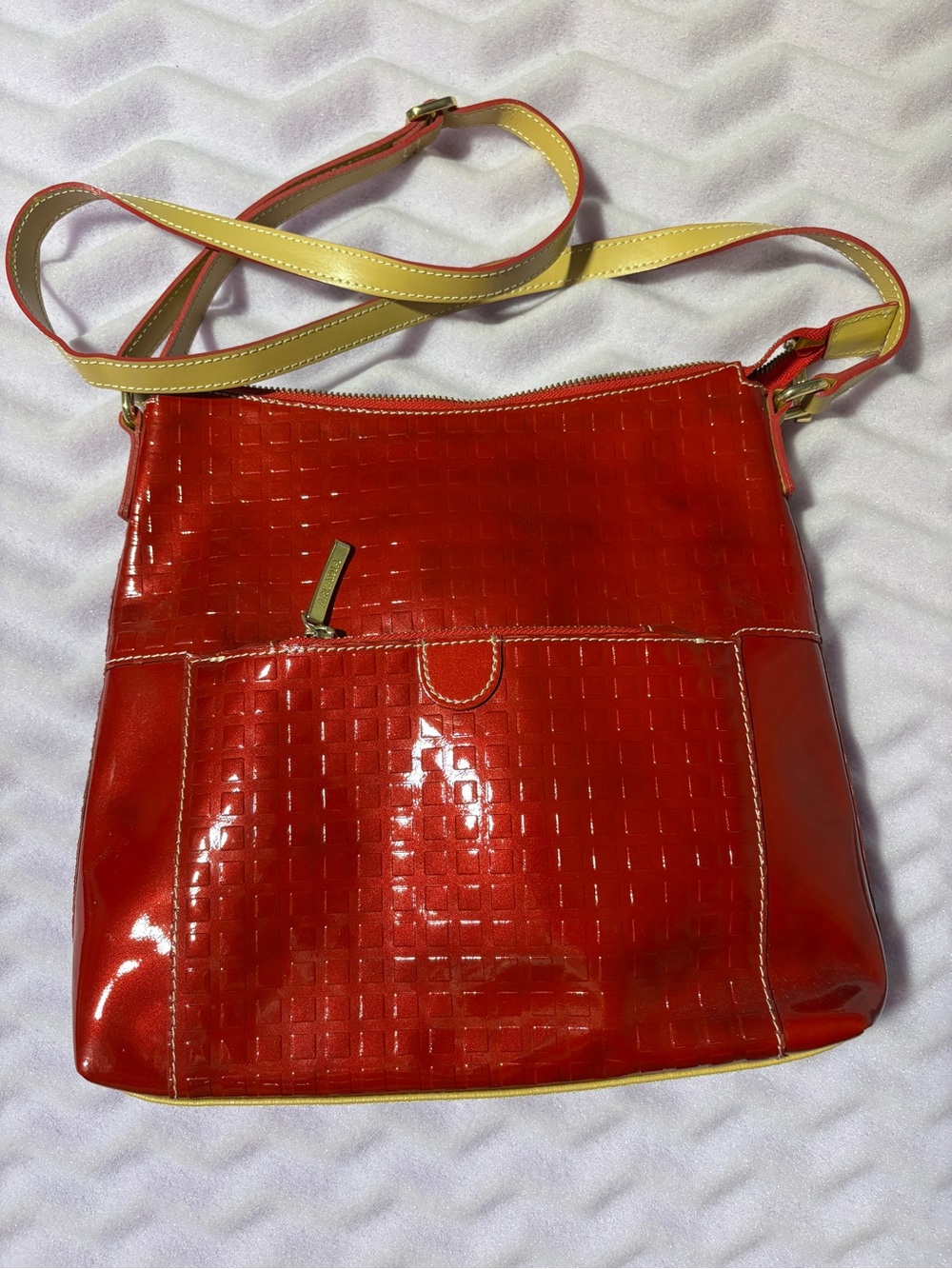 Arcadia Italian Red Patent Crossbody Bag with Contrast Strap